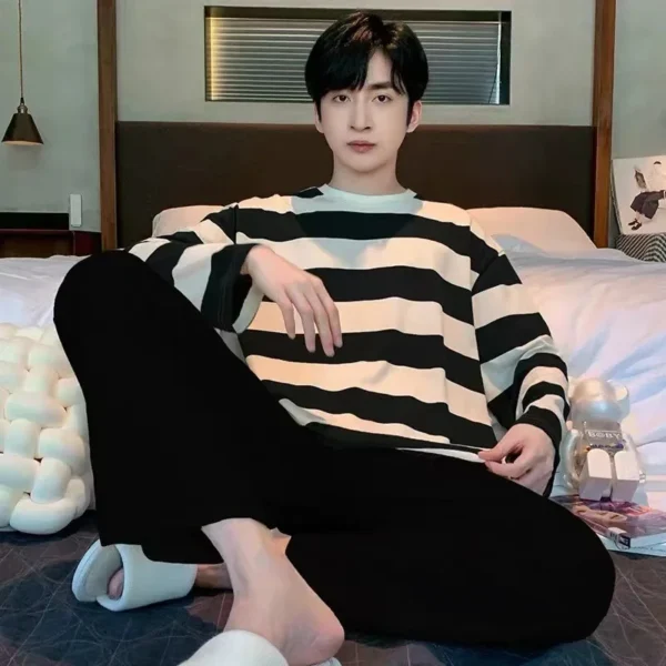 Striped Plus Size Men Pajamas Summer Long Sleeve Casual Sports Loose Black Round Neck T-Shirt and Long Pants Two-Piece Set - Image 5