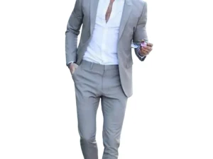 Light Grey Men's Slim Fit 2-Piece Suits for Wedding Business Notch Lapel One Button Jacket & Trousers Smart Casual Men Suits