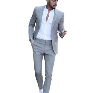 Light Grey Men's Slim Fit 2-Piece Suits for Wedding Business Notch Lapel One Button Jacket & Trousers Smart Casual Men Suits