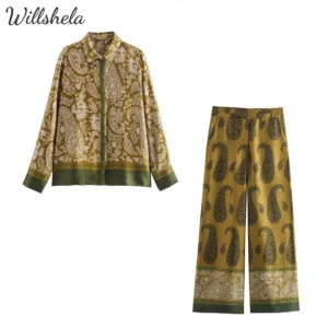 Willshela Women Peiley Printed 2 Pieces Sets Loose Shirt and Straight Pant(Ouf of stock, do not order))
