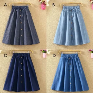 Women's A-Line Solid Color Denim Skirt Spring Summer Breathable Cotton Single-Breasted High-Waist Mid-Length Skirt All-match - Image 7