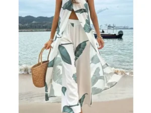 Fashion Women Two Pieces Sets New Summer Printed Slit Sexy Long Halter Neck Tops+straight Pants Casual Suit Female Chic Clothing