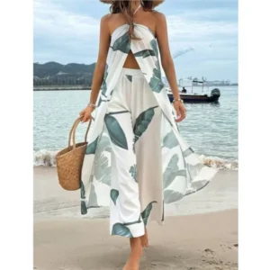 Fashion Women Two Pieces Sets New Summer Printed Slit Sexy Long Halter Neck Tops+straight Pants Casual Suit Female Chic Clothing