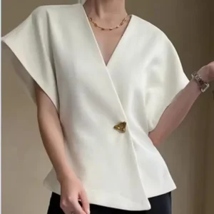 Summer French Asymmetric Blazer Vest Coat Women Drop Shoulder Sleeve Waistcoat One Button Waist Slim Fashion White Top