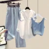 Women's Spring Summer New Denim Pants Matching Set 2025 Korean Elegant Shirt+Vest+Jeans Three piece Female Strip Blouse Suit