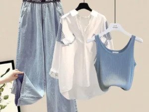 Women's Spring Summer New Denim Pants Matching Set 2025 Korean Elegant Shirt+Vest+Jeans Three piece Female Strip Blouse Suit