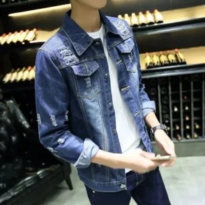 Denim Jackets Man Blue In Lowest Price Jeans Coat For Men With Hole Wide Sleeves Ripped Of Fabric Vintage Worn Stylish Y2k - Image 5