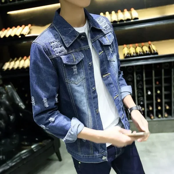 Denim Jackets Man Blue In Lowest Price Jeans Coat For Men With Hole Wide Sleeves Ripped Of Fabric Vintage Worn Stylish Y2k - Image 5