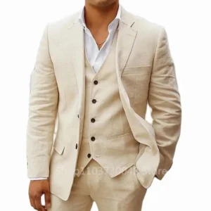 3 Piece Men's Linen Suit Beach Wedding Suit Summer Slim Fit Notch Lapel Jacket Groomsmen For Wedding/Psrty(Blazer+Vest+Pants) - Image 3