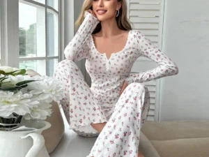Sleepwear Women Floral Print Lettuce Trim Top with Long Pant Lovely Loungewear Full Sleeve Nightwear Spring Autumn Pajamas Set