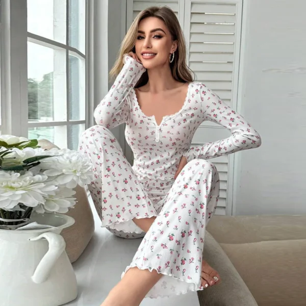 Sleepwear Women Floral Print Lettuce Trim Top with Long Pant Lovely Loungewear Full Sleeve Nightwear Spring Autumn Pajamas Set