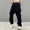 Letter Embroidery Black Men's Baggy Jeans Dark Style Hip Hop High Street Loose Straight Man Jeans American Retro Y2K Man Pants