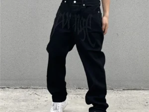 Letter Embroidery Black Men's Baggy Jeans Dark Style Hip Hop High Street Loose Straight Man Jeans American Retro Y2K Man Pants