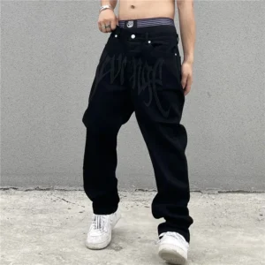 Letter Embroidery Black Men's Baggy Jeans Dark Style Hip Hop High Street Loose Straight Man Jeans American Retro Y2K Man Pants