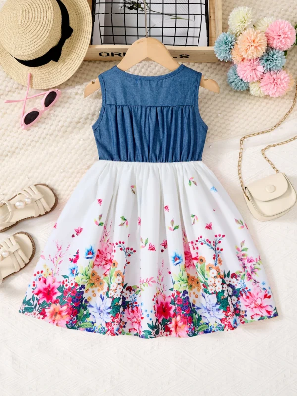 One Piece Patchwork Denim Like Top Printed Dress for Kids Girl Summer Sleeveless Toddler Clothing 2-10Y Baby Girl Outfit Fashion - Image 4