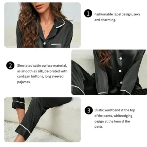 Spring Autumn Silk Pajamas Set for Women Casual Soft Nightwear Long Shirt Tops and Long Pants Cardigan Sleepwear Homewear - Image 4