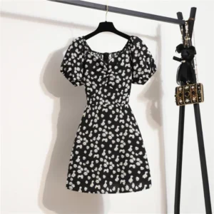 Women Mini Dresses Summer Fashion Female Vestidos Print Floral Chiffon Dresses Shirring Pleated Short Puffy Sleeve Casual Dress - Image 3