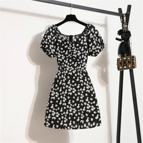 Women Mini Dresses Summer Fashion Female Vestidos Print Floral Chiffon Dresses Shirring Pleated Short Puffy Sleeve Casual Dress - Image 3