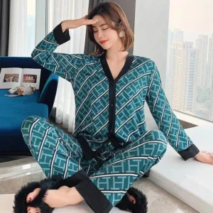 Spring and Summer New Ice Silk Pajamas Homewear Set Girls Long-Sleeved V-Neck Cardigan Simulation Silk Lapel Pajamas Homewear Se - Image 5