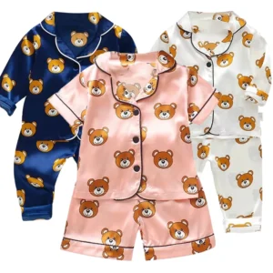 Children's Pajama Set Cartoon Little Bear Girl Ice Silk Satin Top and Pants Set Boys' Pajamas Spring/Summer Baby Set - Image 3