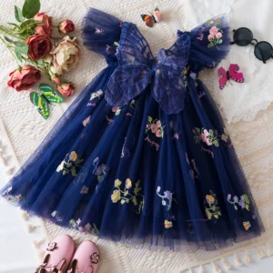 Summer Girls' Princess Party Birthday Dress Sweet Baby Girls Dress Back Bow Wings Fairy Strap Embroidered Butterfly Mesh Dress - Image 7