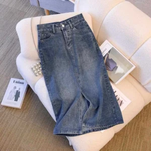 Women Washed Long Denim Skirt Vintage Fashion High Waist Skirt Streetwear Korean All-Match Straight Female A-Line Jeans Skirt - Image 4