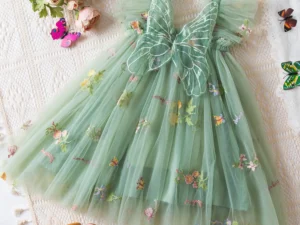 Summer Girls' Princess Party Birthday Dress Sweet Baby Girls Dress Back Bow Wings Fairy Strap Embroidered Butterfly Mesh Dress