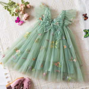 Summer Girls' Princess Party Birthday Dress Sweet Baby Girls Dress Back Bow Wings Fairy Strap Embroidered Butterfly Mesh Dress