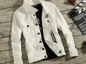 Denim Jackets Man Punk Ripped Jeans Coat for Men Slim Fit with Print Hole Winter 2024 Cheap Price Stylish on Board Fast Delvery