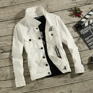 Denim Jackets Man Punk Ripped Jeans Coat for Men Slim Fit with Print Hole Winter 2024 Cheap Price Stylish on Board Fast Delvery