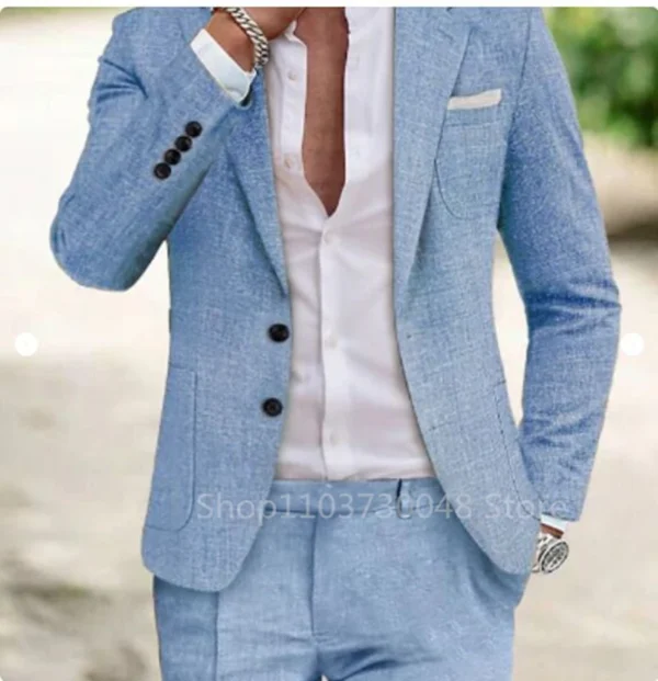 Light Blue/Beige Linen Summer Men Suits Notch Lapel Slim Fit Two Buttons Blazer Pants Groom Tuxedos Wedding Prom 2 Piece Sets - Image 4