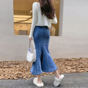 Long Denim Skirt for Women High Waist Autumn Blue Slim Jean Fishtail Skirt Korean Fashion Skinny Solid Elastic Slit Skirt Women - Image 6