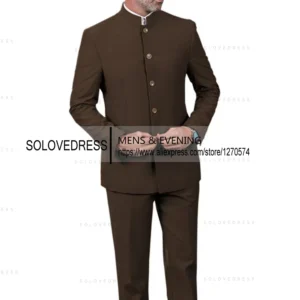 Classic 2 Piece Men's Slim Fit Solid Color Stand Collar Wedding Suit (Blazer+Pants） - Image 6