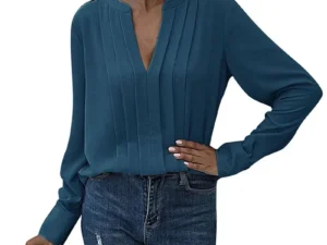 Allukasa Women Chiffon Blouse Female V Neck Casual Long Sleeve Pleated Solid Color Pullover Fashion Office Shirt Ladies Clothing