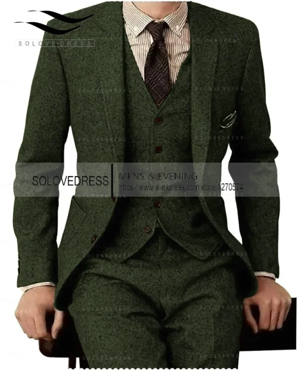 Brown Tweed Men Suits 3 Pieces Formal Business Suit Set Custom Gentle-Mens Groom Wedding Dress Blazer Suits(Jacket+Pants+Vest) - Image 3