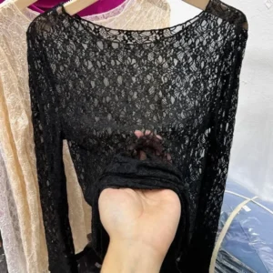 2025 Slightly transparent black lace shirt women long sleeved Spring and Autumn New slim fit inner layer with mesh