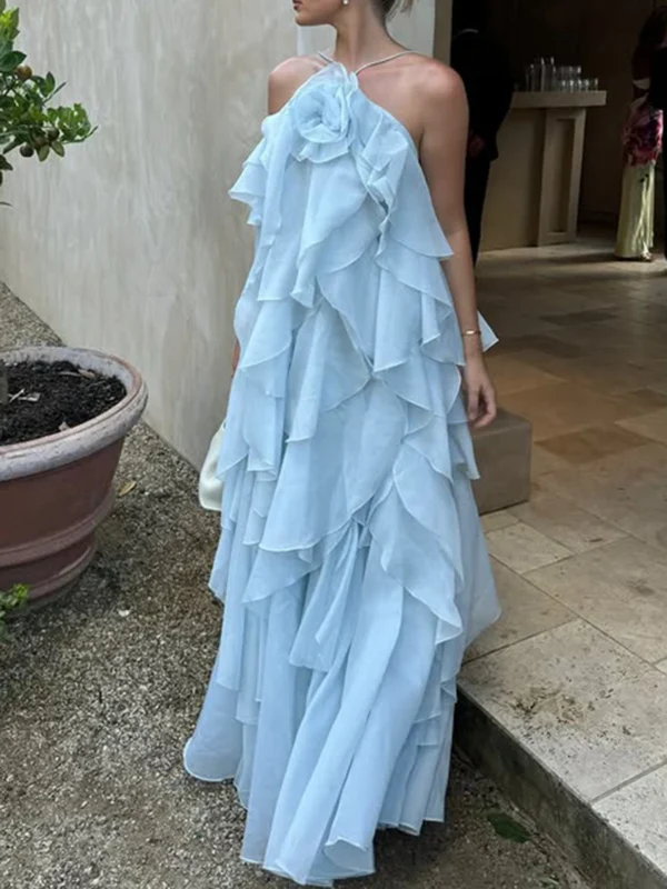 TWOTWINSTYLE Solid Spliced Ruffles Elegant Dresses For Women Halter Sleeveless High Wasit Backless Loose Dress Female Fashion - Image 4