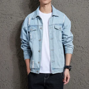 Spring and Autumn New Men's Casual Loose Work Coat Trendy Hole Denim Jacket - Image 3