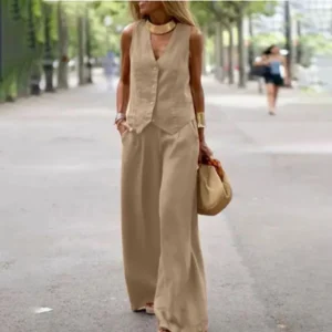 Casual Tank And Wide Leg Pant Sets 2 Piece Sets Women Outfit Summer Elegant Solid Cotton Linen Tops Trousers Suit Femme 5XL - Image 5
