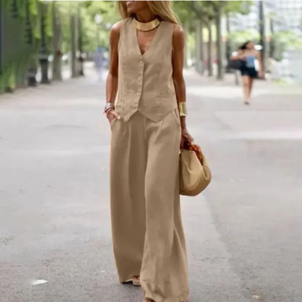Casual Tank And Wide Leg Pant Sets 2 Piece Sets Women Outfit Summer Elegant Solid Cotton Linen Tops Trousers Suit Femme 5XL - Image 5