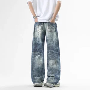 Mens Washed High Street Retro Pants Splashing Ink Color Piercing Printed Jeans High Street Trendy Brand Men Clothing Baggy Jeans - Image 5