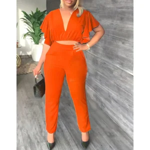 Pant Sets Women Two Piece Sweet Sets Ruffles Short Sleeve V Neck Crop Top High Waist Slim Long Pants Suits Casual Solid Outfits - Image 4