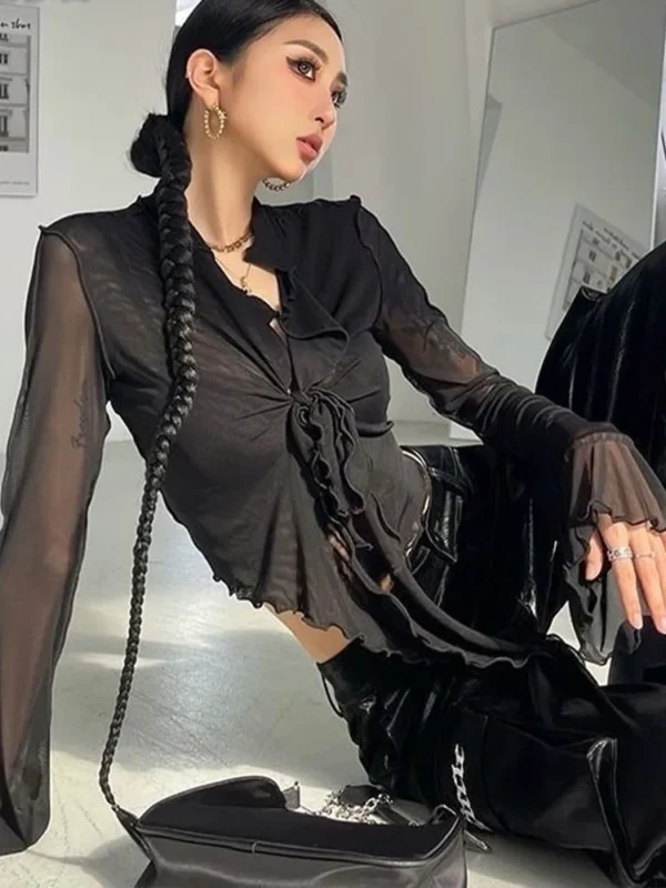 Long Flare Sleeve Blouses for Women Lace-up Mesh Sexy Sweet Hot Girls Korean Fashion Style All-match Solid Design Elegant Casual - Image 4
