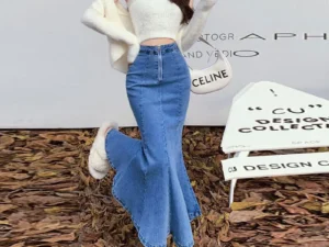 Long Denim Skirt for Women High Waist Autumn Blue Slim Jean Fishtail Skirt Korean Fashion Skinny Solid Elastic Slit Skirt Women