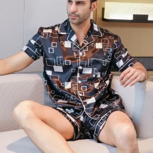 Two piece sets for men's pajamas summer short sleeved shorts checkered pattern printed home clothing sleepwear set