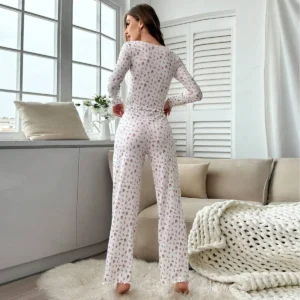 Sleepwear Women Floral Print Lettuce Trim Top with Long Pant Lovely Loungewear Full Sleeve Nightwear Spring Autumn Pajamas Set - Image 3