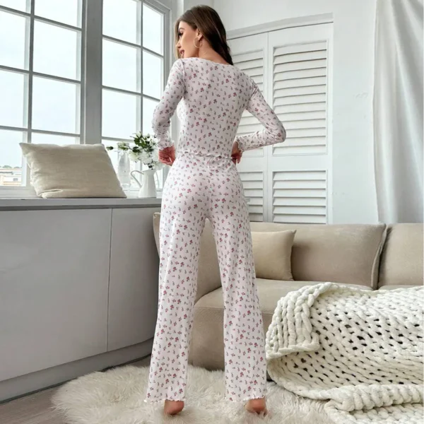 Sleepwear Women Floral Print Lettuce Trim Top with Long Pant Lovely Loungewear Full Sleeve Nightwear Spring Autumn Pajamas Set - Image 3
