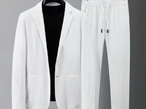 2 Piece Blazers Set For Men Suit Jacket And Trousers Thin Tracksuit Spring Autumn Summer Pleated Casual Suits Pants Plus Size