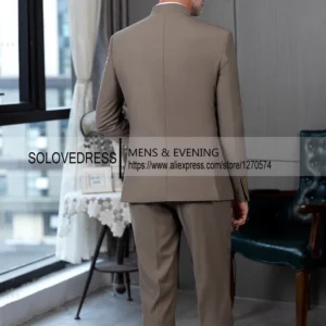 Classic 2 Piece Men's Slim Fit Solid Color Stand Collar Wedding Suit (Blazer+Pants） - Image 3