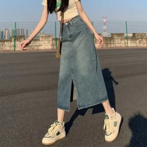 Summer New High-waist Slit Denim Skirt For Women Washed Retro A- line Skirt Hip-covering Straight Long Skirt - Image 6